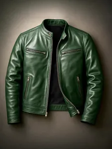 Men's slim fit green leather motorcycle jacket with zipper pockets and stand collar