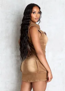 Side view of a slim brown sleeveless denim mini dress featuring large 3D cargo pockets.