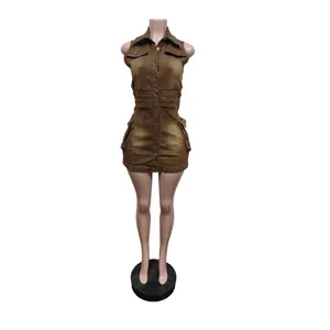 Sleeveless brown denim mini dress featuring front buttons and large cargo pockets