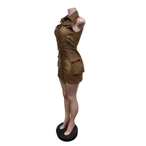 Side view of a slim fit sleeveless brown denim dress featuring large 3D pockets.