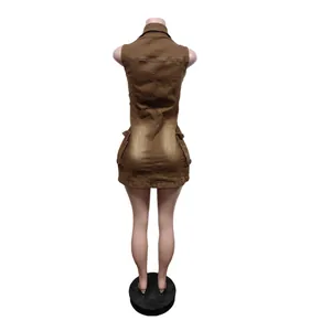 Detailed back view of a slim-fit brown sleeveless denim dress featuring cargo pockets