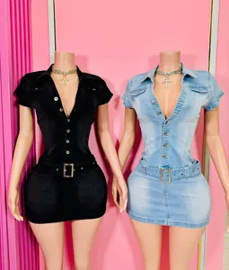 Close-up view of slim-fit short-sleeve denim mini dresses in black and light blue.