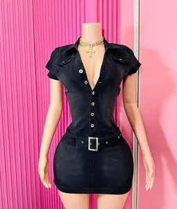 Slim fit black denim short-sleeved mini dress with v-neck and belt on mannequin