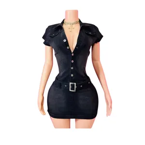 Close-up detail of a black slim-fit denim mini dress featuring a V-neck and waist belt
