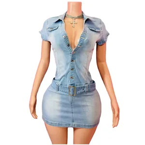 Stylish light blue slim fit denim mini dress with deep V-neck and matching belt.