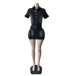 Detailed view of black slim-fit denim mini dress featuring short sleeves and a waist belt