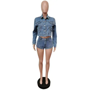 Two-piece denim set featuring a cropped long-sleeve jacket and matching shorts