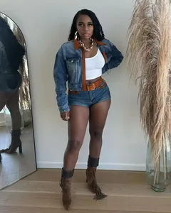 Two-piece denim jacket and shorts set for women with retro orange contrast trim