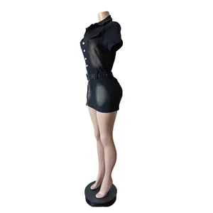 Side profile of a black slim-fit stretch denim short-sleeved mini dress with belt