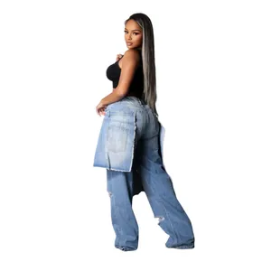 Fashionable distressed straight denim jeans with unique side apron panels and ripped details.
