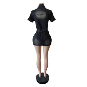 Detailed back view of a slim fit black denim short sleeve dress with stylish faded finish