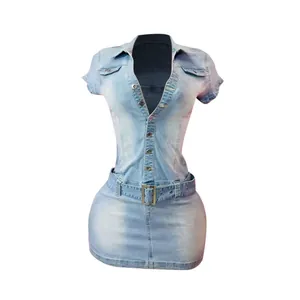 Close-up view of light blue denim short sleeve mini dress featuring a waist belt and button front