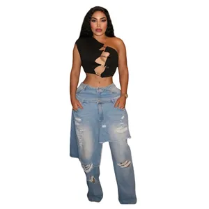 Fashionable light blue ripped straight jeans with creative double waistband apron detail