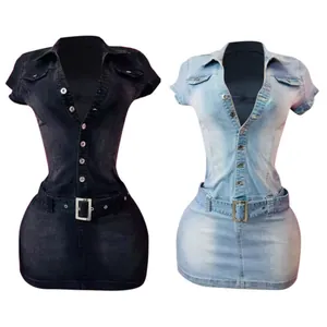 Two denim short-sleeved mini dresses displayed in dark and light blue stretch fabric