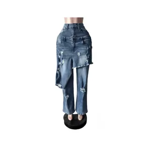 Detailed view of fashionable distressed straight-leg denim jeans with unique apron overlay