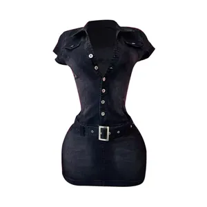 Stylish slim fit short-sleeved denim mini dress featuring a waist belt and button front.