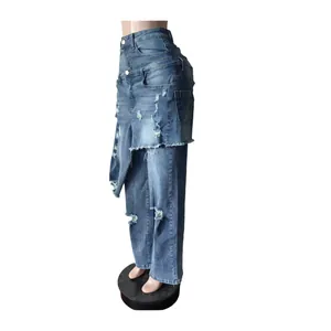 Detailed side view of stylish blue distressed straight jeans with apron overlay design