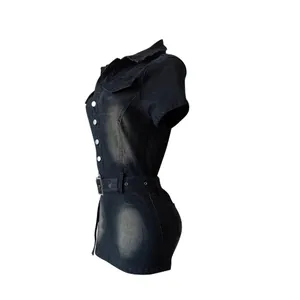 Detailed side view of a slim-fit black washed denim short-sleeved mini dress with belt detail
