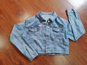 Detailed macro view showing texture of light blue cropped denim jacket with silver buttons
