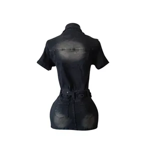 Detailed back view of a slim-fit short-sleeved denim dress in dark wash with belt