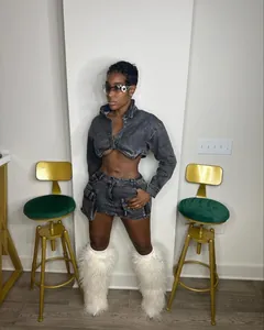 Sexy dark grey denim set featuring cropped jacket and mini skirt with 3D pockets.