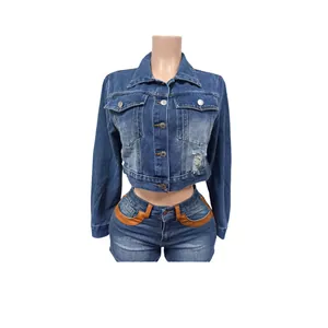 Two-piece blue denim set featuring a cropped long sleeve jacket and matching shorts