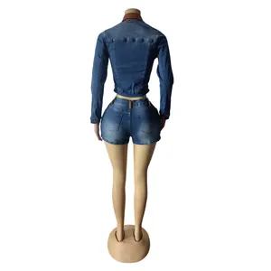 Detailed back view of the denim jacket and shorts set shown on a mannequin display.