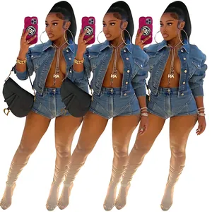 Women's Casual Sand Washed Denim Cotton Spandex Top And Bottom Cropped Long Sleeve Jacket Distressed High Waist Shorts