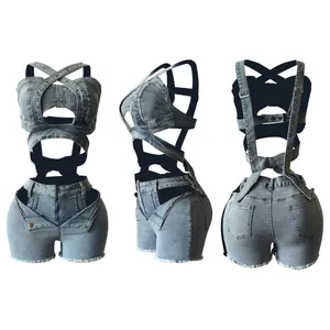 Detailed three-view display of women's denim crop top and cutout shorts set in blue
