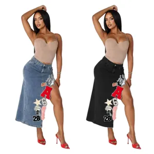 Gonna Jeans da Donna Retro in Cotone Denim a Vita Alta con Spacco Alto Ricamata con Lettere Numeri Patchwork Sexy Gonna Denim