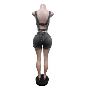 Back view of a grey denim two-piece set featuring a strap vest and elastic shorts.