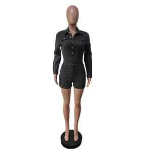 Slim fit black long-sleeve denim romper shorts featuring button-down front closure details