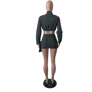 Back view of two-piece dark grey denim set with cropped jacket and 3D pocket skirt