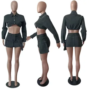 Detail view of denim two-piece set with long-sleeve crop top and 3D pocket mini skirt