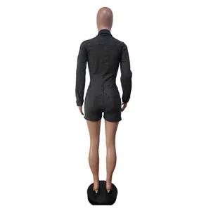 Back view of black denim long-sleeved elastic jumpsuit shorts on mannequin