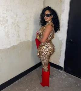 Close-up side view of a fashionable leopard print two-piece crop top and pants set