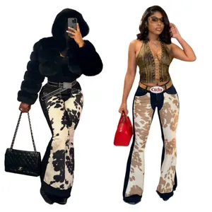 Damen Sexy Bio-Baumwolle Elastan Hochdehnbare Kuhmuster Patchwork Schlagjeans Schmale Passform Bell Bottom Denim Hose Für Streetwear