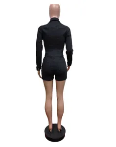 Detailed back view of a black stretch denim long sleeve romper jumpsuit for women