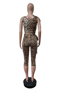 Rear view of leopard print two-piece set with tie-waist and cropped pants detail