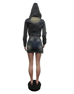 Rear view of a stylish two-piece stretch denim set featuring a hoodie and mini skirt