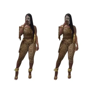 Women Sexy Leopard Print Top And Bottom Set Modal Spandex Elastic Lacing Crop Top Capri Pants Slim Fit Streetwear Outfit