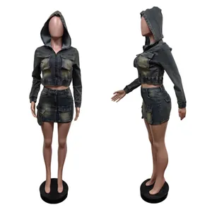Two-piece acid wash denim set featuring a hooded zip-up crop jacket and matching mini skirt