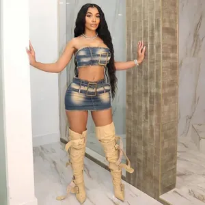 Summer denim tube top and mini skirt two-piece set with oversized belt buckles for women
