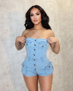Slim fit strapless light blue denim romper shorts with button front and cargo pockets
