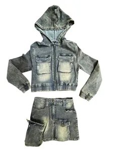 Vintage wash denim two-piece set featuring hooded zip jacket and cargo pocket skirt.