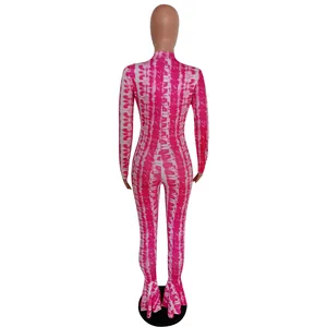 Detailed back view of a pink tie-dye slim fit jumpsuit with stylish flared fish tail hem