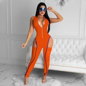 Sexy orange sleeveless bodycon jumpsuit with front zipper and ruched pleated legs detail