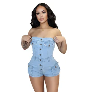 Detailed front view of a slim-fit light blue strapless stretch denim romper for women