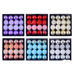 Assorted set of 16 painted Christmas ball ornaments in six festive color themes for trees.