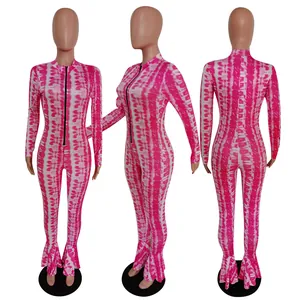 Multi-angle view of a slim fit pink tie-dye print jumpsuit with flared mermaid hem